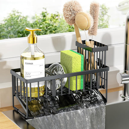 Sink Caddy Sponge Holder with Brush & Stainless Steel Self-Drain Tray for Kitchen