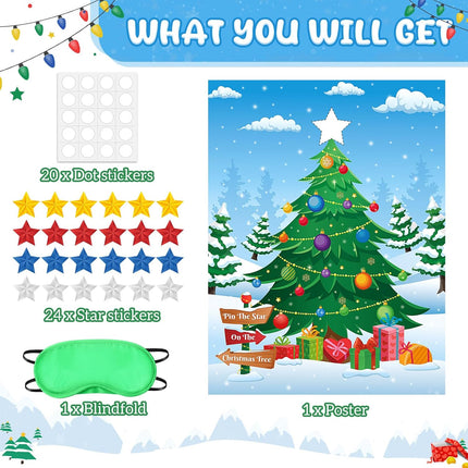 Pin the Star on the Christmas Tree – Xmas Party Game with Big Poster for Family Fun