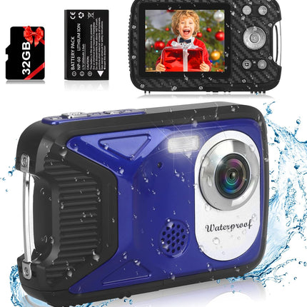 Waterproof Digital Camera 1080P 36MP with 32GB Card for Kids Teens Blue