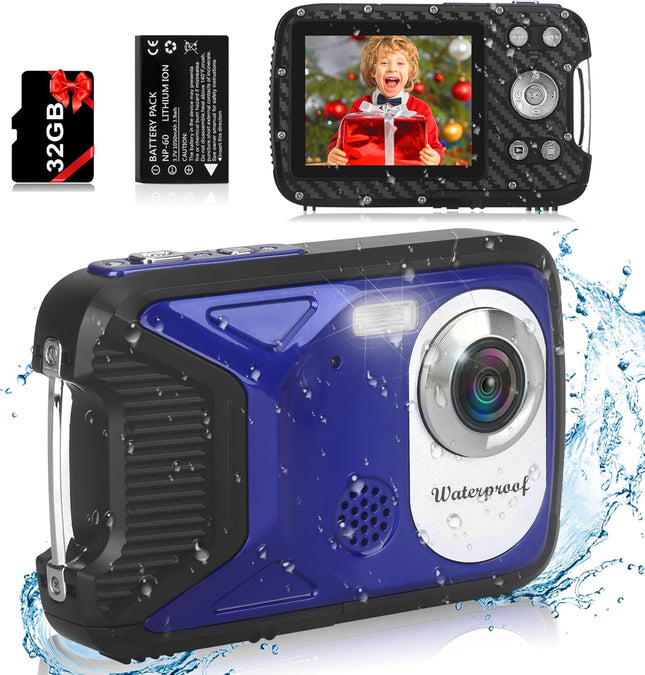 Waterproof Digital Camera 1080P 36MP with 32GB Card for Kids Teens Blue