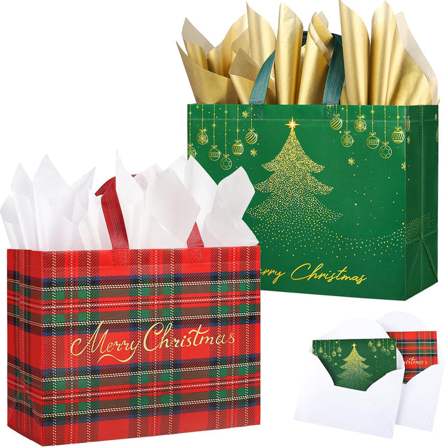 2 Pack 13" Large Christmas Gift Bags – Reusable Non-Woven Tote with Handles