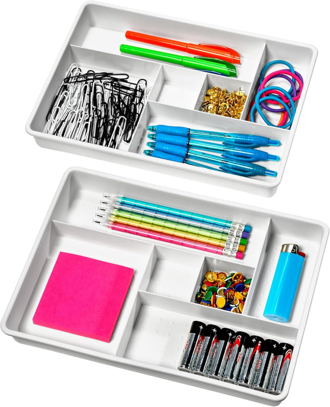 2-Pack 6-Compartment Drawer Organizers – Plastic Storage Trays for Gadgets