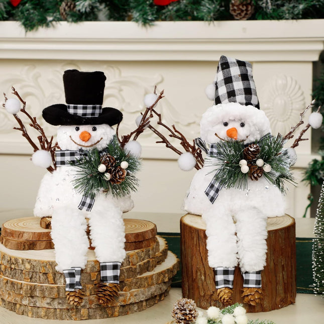 Christmas Snowman Decorations, 2PCS Plush Buffalo Checked Mantel Ornaments
