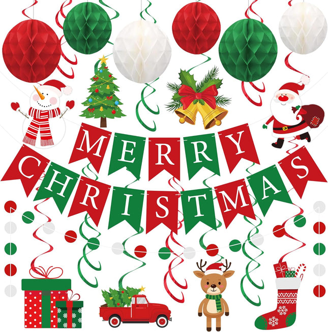 Merry Christmas Party Decorations Pre-Strung Red & Green Banner with Honeycomb Balls
