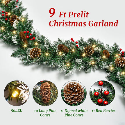9ft Lighted Christmas Garland – 50 LEDs, Pine Cones, Red Berries, 8 Modes