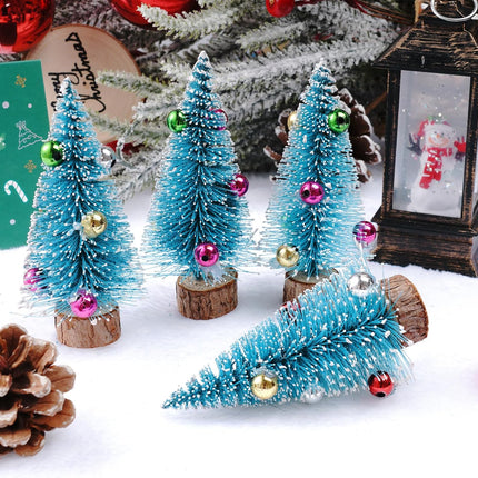 12PCS Mini Christmas Trees Blue Bottle Brush Trees with Wooden Base Decor