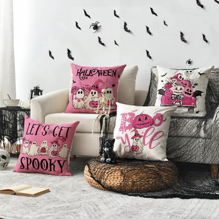 4-Pack Pink Halloween Ghost Boo Y'all Pumpkin Pillow Covers 18x18in, Spooky Decor