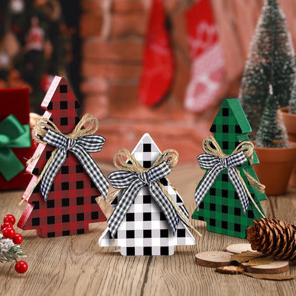 3PCS Rustic Wooden Christmas Tree Table Decor Farmhouse Buffalo Plaid