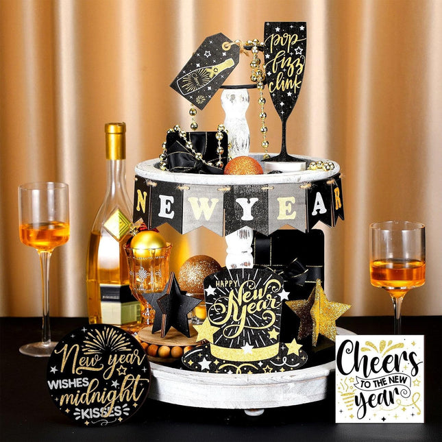 14 PCS Happy New Year Tiered Tray Decor 2026 Rustic Star & Hat Decorations