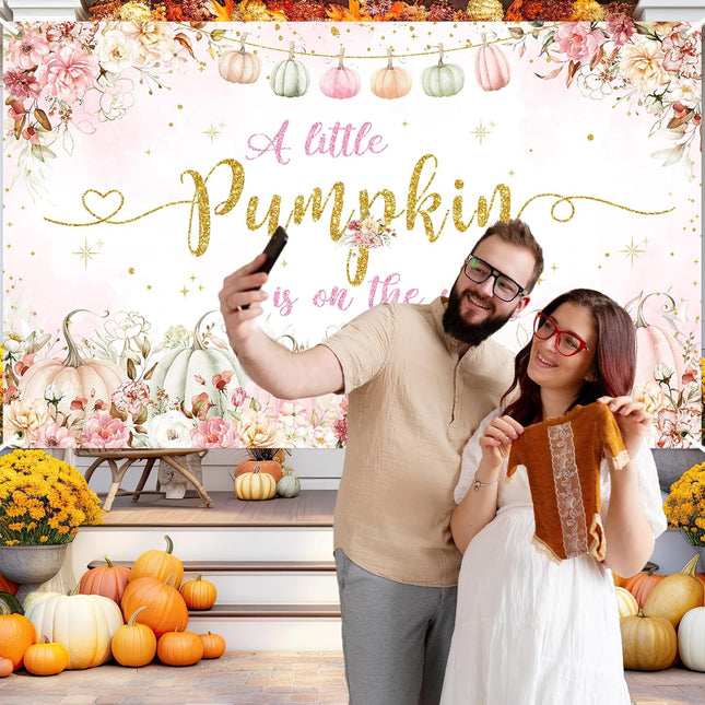 Pink Pumpkin Baby Shower Backdrop 70.8×43.3" – Fall Floral Party Decor
