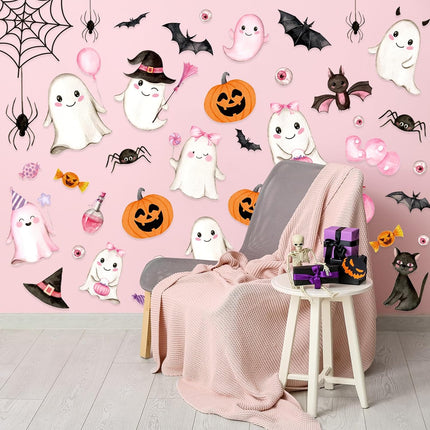 9-Sheet Pink Halloween Wall Stickers, Ghost Pumpkin Bat PVC Self-Adhesive Decals