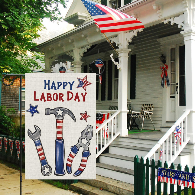 Happy Labor Day Garden Flag 12x18 Double Sided Burlap Stars & Tools Flag Only