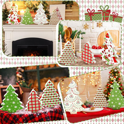 5PCS Wooden Christmas Tree Decor – Tiered Tray & Table Centerpieces Plaid Set