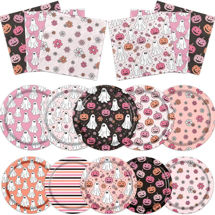 60-Piece Pink Halloween Plates & Napkins Set, Pumpkin Ghost Flower Party Tableware