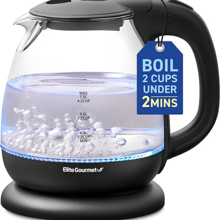 Elite Gourmet 1L BPA-Free Glass Electric Kettle 1100W Blue LED EKT1001