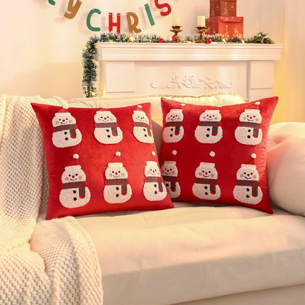 Christmas Red Pillow Covers 2PCS – 18x18 Velvet Snowman Holiday Cushion Cases