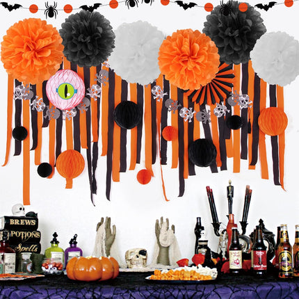 8-Piece Halloween Party Decor Kit, Happy Halloween Banner, Pom Poms & Bat Garland