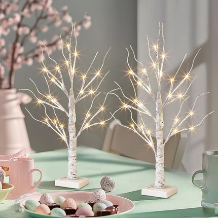 Easter Birch Tree with LED Lights – 2PK, Warm White Light, Battery Powered, Timer