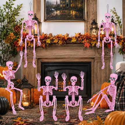 6-Pack 16in Pink Halloween Skeletons with Eyes & Box, Indoor Outdoor Yard Decor