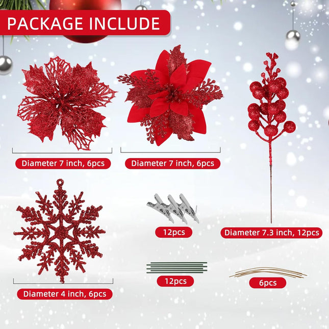 60 Pcs Christmas Poinsettia Flowers & Berry Picks – Glittery Artificial Decor in 3 Styles