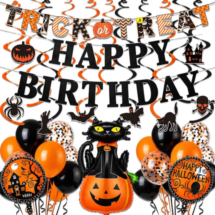 40-Piece Halloween Party Decor Set, Happy Birthday Banner, Cat Foil & Confetti Balloons