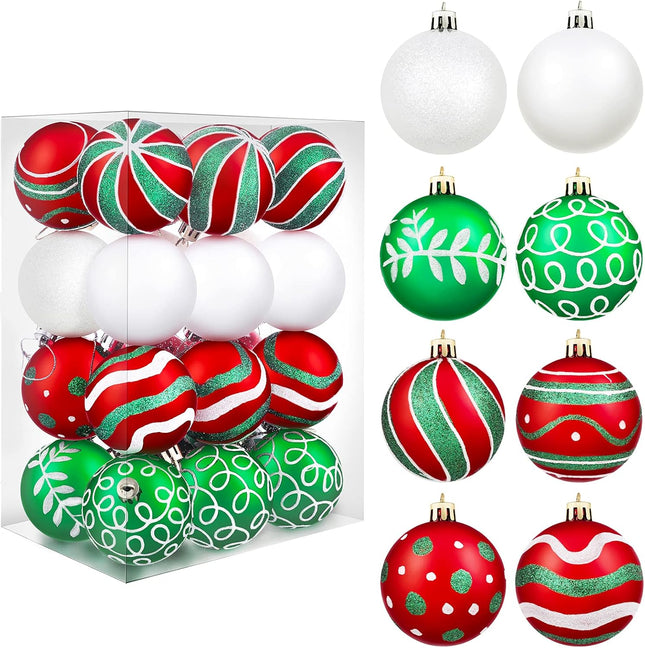 24PCS Christmas Ball Ornaments Painting and Glitter Red Green White 8 Patterns