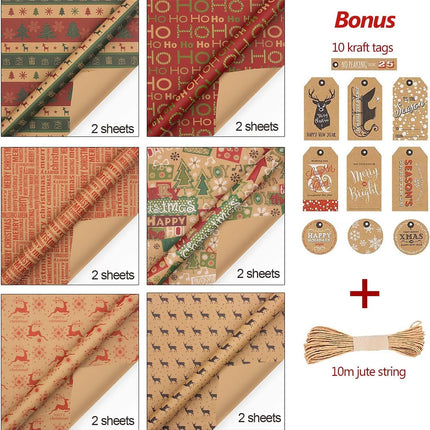 12 Sheets Christmas Wrapping Paper – 6 Vintage Kraft Designs with Tags & String