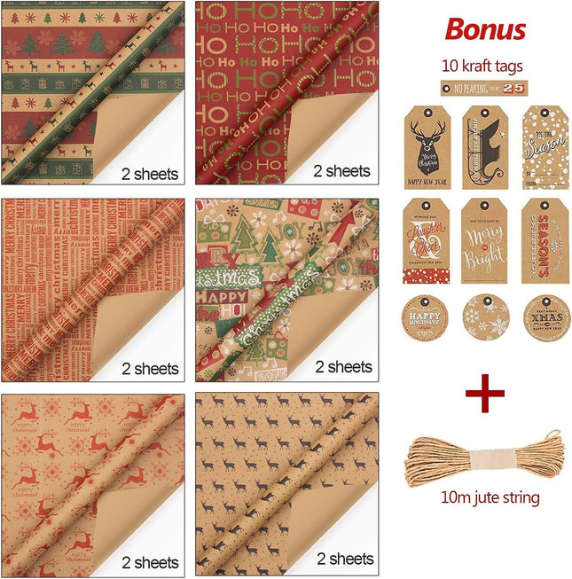12 Sheets Christmas Wrapping Paper – 6 Vintage Kraft Designs with Tags & String