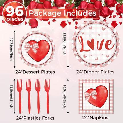 96 PCS Valentine’s Day Plates & Napkins Set: Red Heart Paper Dinnerware for 24