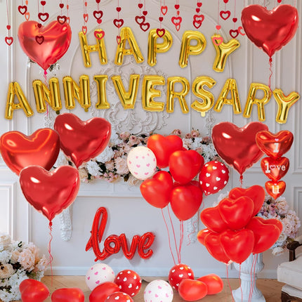 Happy Anniversary Decorations Set with Red Heart Balloons Banner Rose Petals