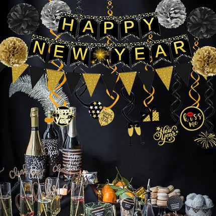 New Year Decorations Banner Pom Poms Triangle Flag Garland Set