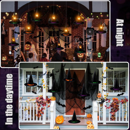 12PCS Lighted Hanging Witch Hats with 28 3D Bats & Creepy Cloth, Halloween Decor