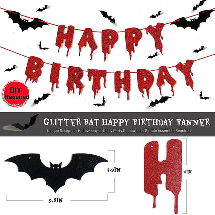 Halloween Birthday Banner Set, Red Glitter Banner, Black Foil Curtains, 3D Bat Decor