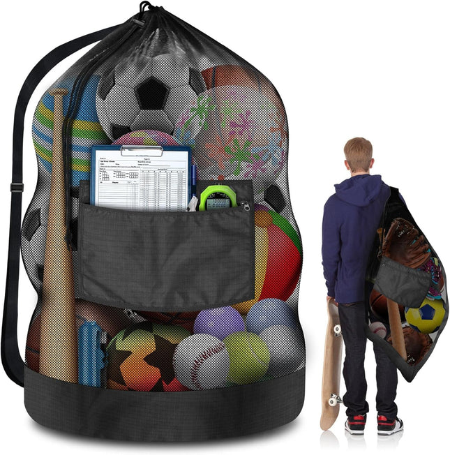 Extra Large 100L Soccer Ball Bag – Drawstring Mesh, Zipper Pocket for Sports