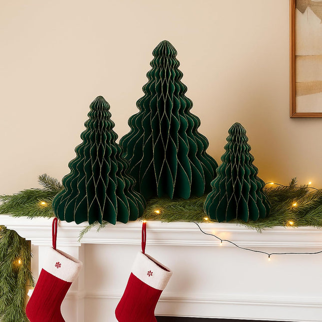 3 Pack Paper Christmas Tree Honeycomb Centerpieces 6, 8, 9.5 Inch Table Décor