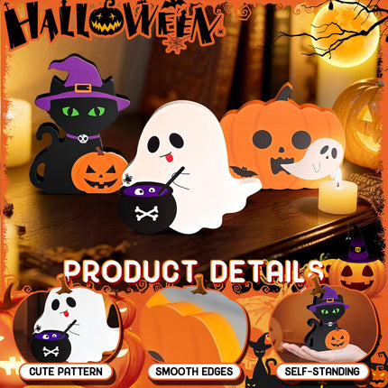 3-Piece Cute Halloween Wooden Decor, Ghost & Pumpkin Tabletop Tiered Tray Signs