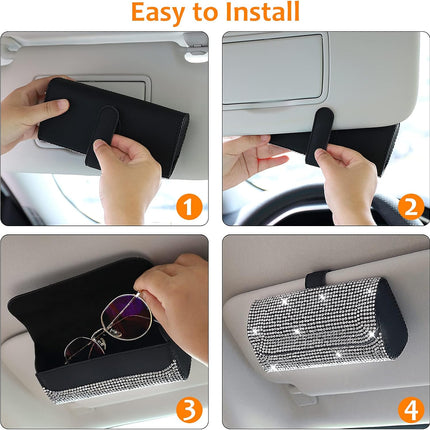 Bling Car Sunglasses Holder for Sun Visor, PU Leather Eyeglass Storage Case, White