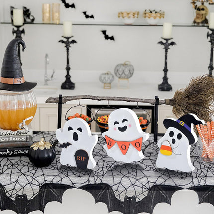 3-Piece Cute Halloween Ghost Wooden Table Decor, Tiered Tray Signs for Home Party