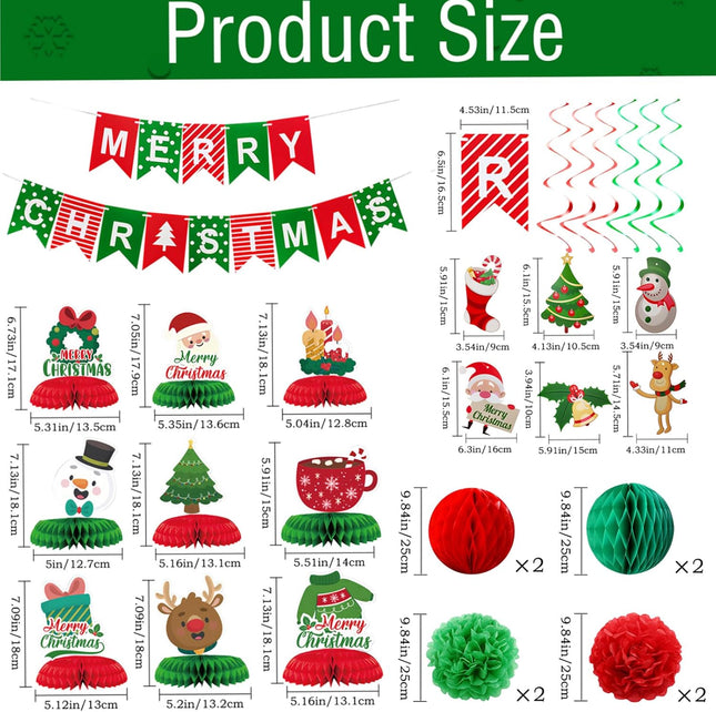 Merry Christmas Paper Fan Flower Banner Set – Swirls & Streamers with Christmas Tree