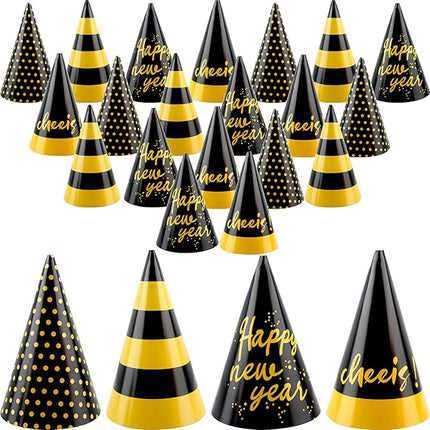 24-Piece NYE Party Cone Hats – Happy New Year Paper Hats Set, 4 Styles