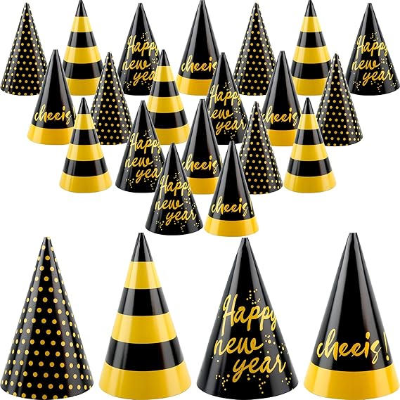 24-Piece NYE Party Cone Hats – Happy New Year Paper Hats Set, 4 Styles