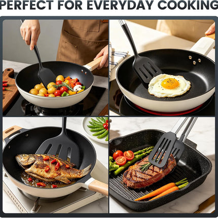 4PCS Silicone BBQ Spatula Set, 12" Grill Tongs, Pancake, Steak & Burger Tools