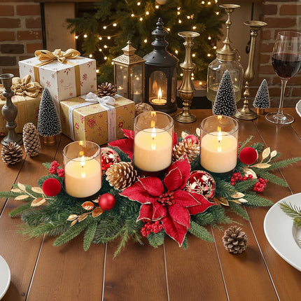 Christmas Table Decor – Centerpiece with Candle Trays, Berries & Pinecones