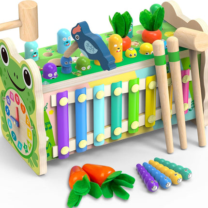 6-in-1 Montessori Wooden Toy – Mole Game, Xylophone & Clock for Ages 1–4