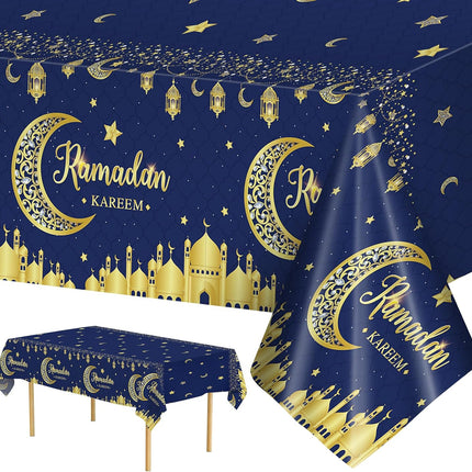 3-Pack Ramadan Tablecloth Set – Blue & Gold Eid Moon Star Plastic Covers