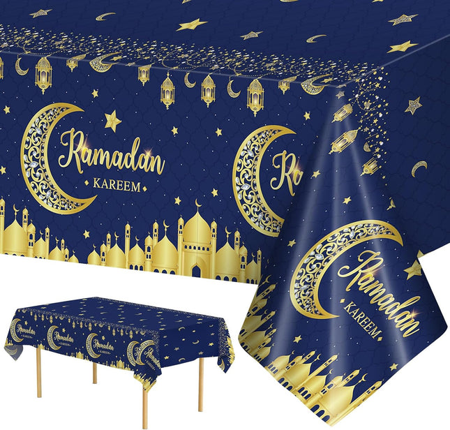 3-Pack Ramadan Tablecloth Set – Blue & Gold Eid Moon Star Plastic Covers