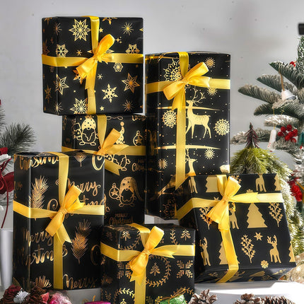 Christmas Wrapping Paper Black Gold 6 Sheets Metallic Foil with 4 Ribbons