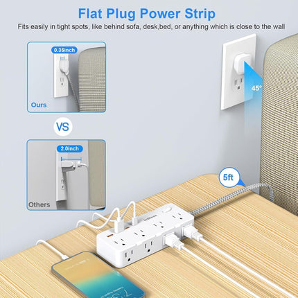 Multi Plug Power Strip – 8 Outlets, 4 USB Ports, Flat Plug & Wall Mount