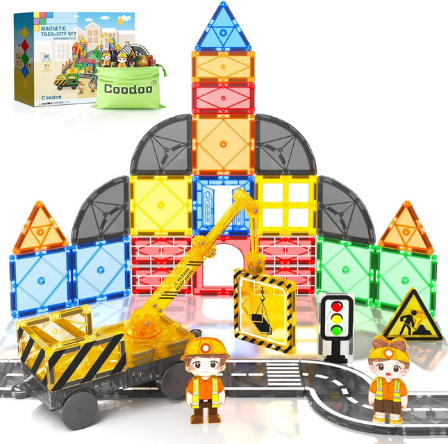 Magnetic Tiles Road Set with Crane & Car, STEM Construction Toy for Kids 3+