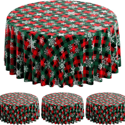 3pcs Buffalo Plaid Christmas Tablecloths – Red/Green Snowflake Round Covers 84"